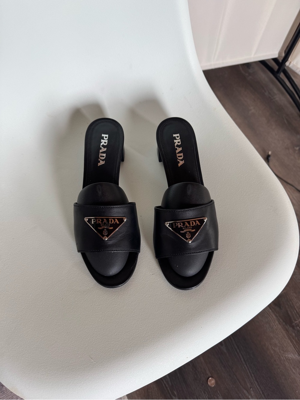 Prada Black Leather Slide Sandals with Logo Triangle and Block Heel